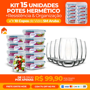 Kit com 15 Potes Herméticos de Vidro + 10 Copos de Vidro Aruba de Brinde